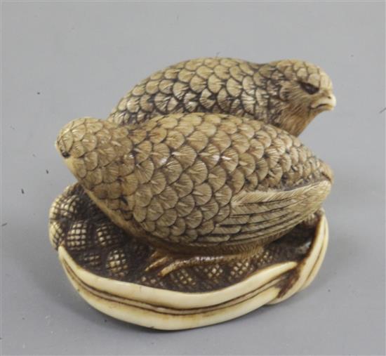 A Japanese ivory netsuke of two quails, 19th century, 3.8cm